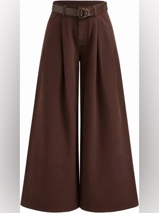 Cider Pants - Cider Denim Low Rise Pleated Wide Leg Jeans with Belt Brown L